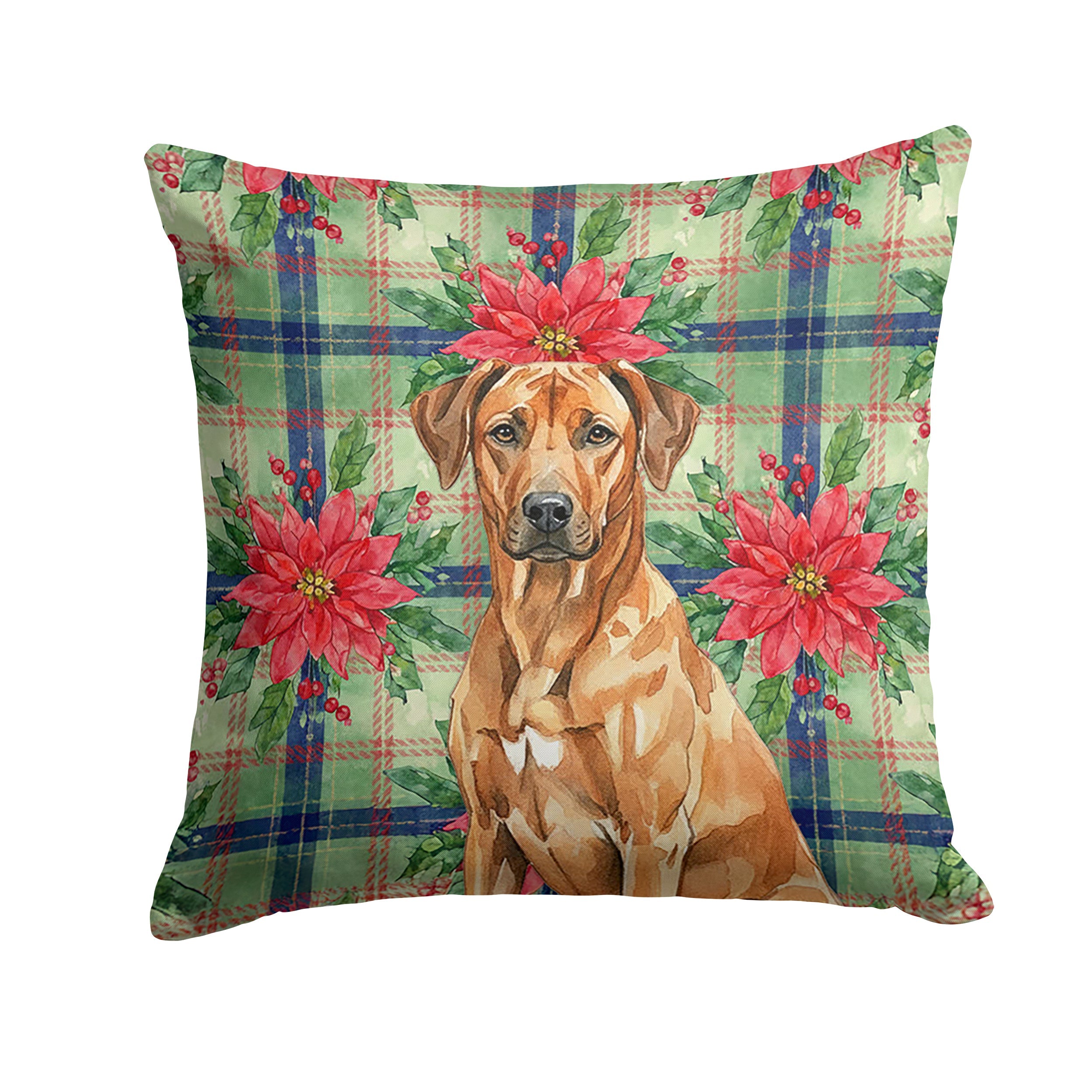 Rhodesian Ridgeback Christmas PoinsettIas Decorative Throw Pillow 14x14 Indoor Outdoor Accent Cushion, Fabric Cover with Insert for Sofa, Bed, Porch & Living Room