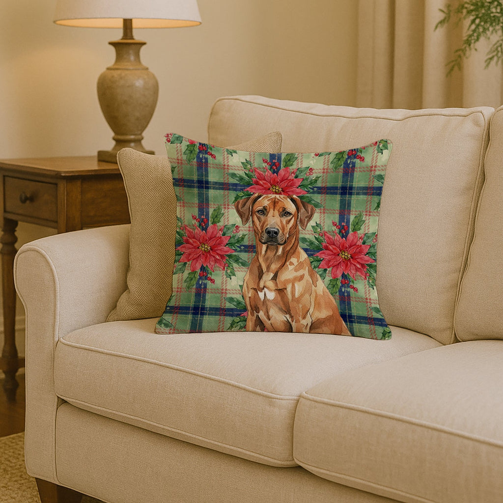 Rhodesian Ridgeback Christmas PoinsettIas Decorative Throw Pillow 14x14 Indoor Outdoor Accent Cushion, Fabric Cover with Insert for Sofa, Bed, Porch & Living Room