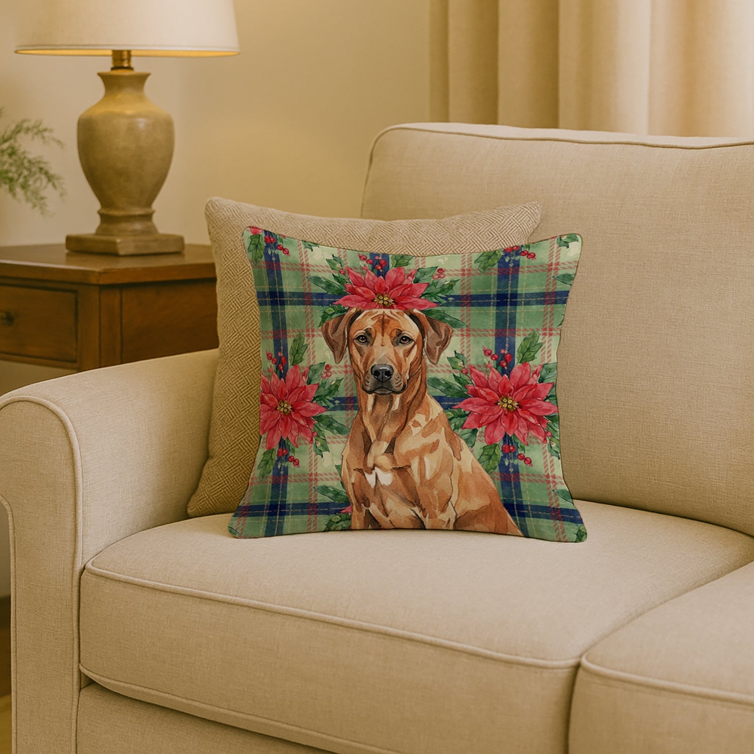 Rhodesian Ridgeback Christmas PoinsettIas Decorative Throw Pillow 18x18 Indoor Outdoor Accent Cushion, Fabric Cover with Insert for Sofa, Bed, Porch & Living Room
