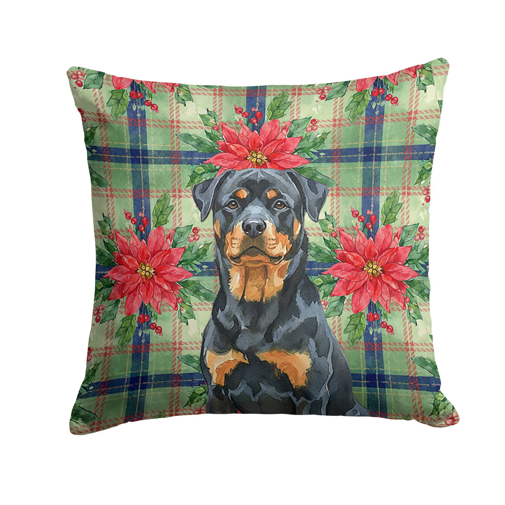 Rottweiler Christmas PoinsettIas Decorative Throw Pillow 14x14 Indoor Outdoor Accent Cushion, Fabric Cover with Insert for Sofa, Bed, Porch & Living Room