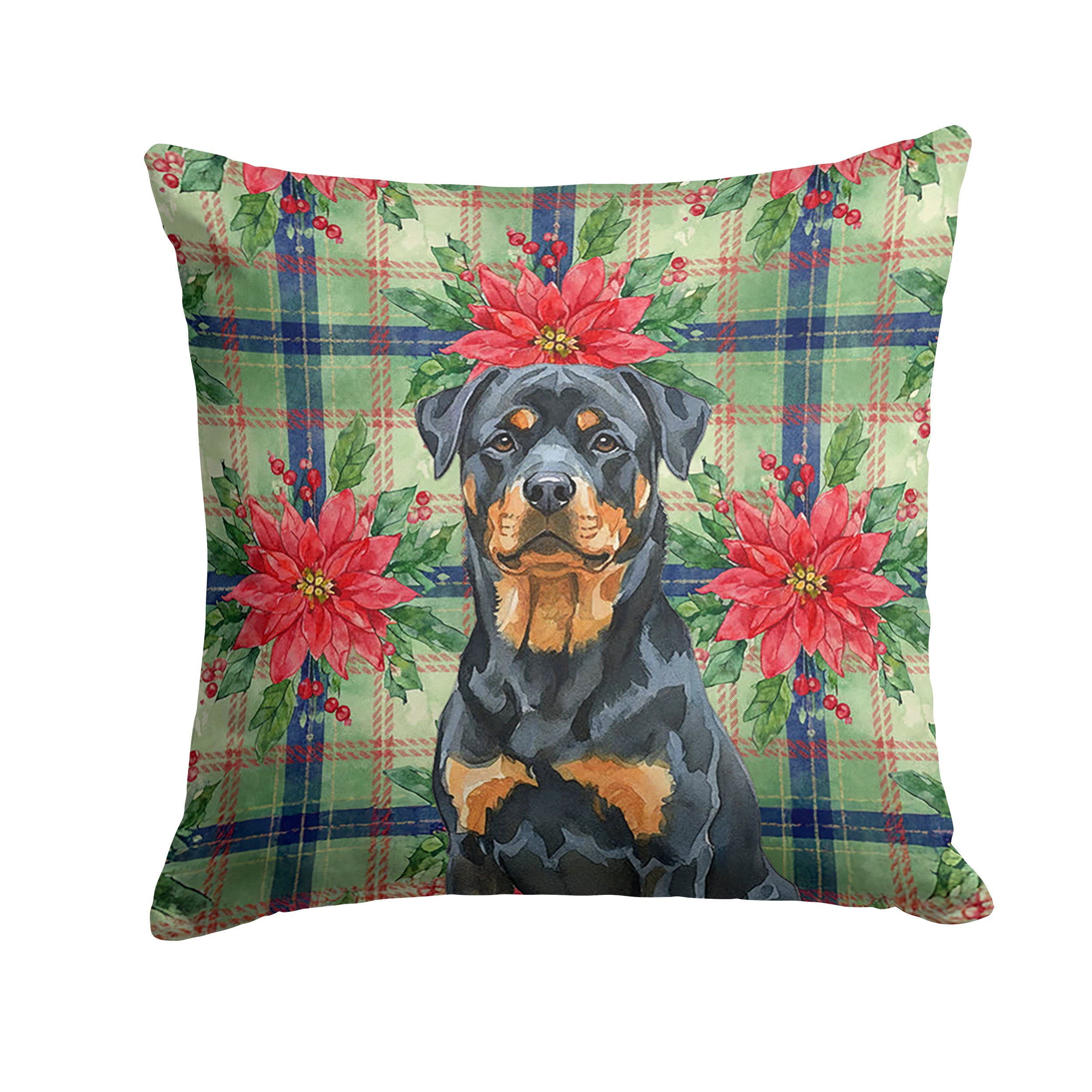 Rottweiler Christmas PoinsettIas Decorative Throw Pillow 14x14 Indoor Outdoor Accent Cushion, Fabric Cover with Insert for Sofa, Bed, Porch & Living Room