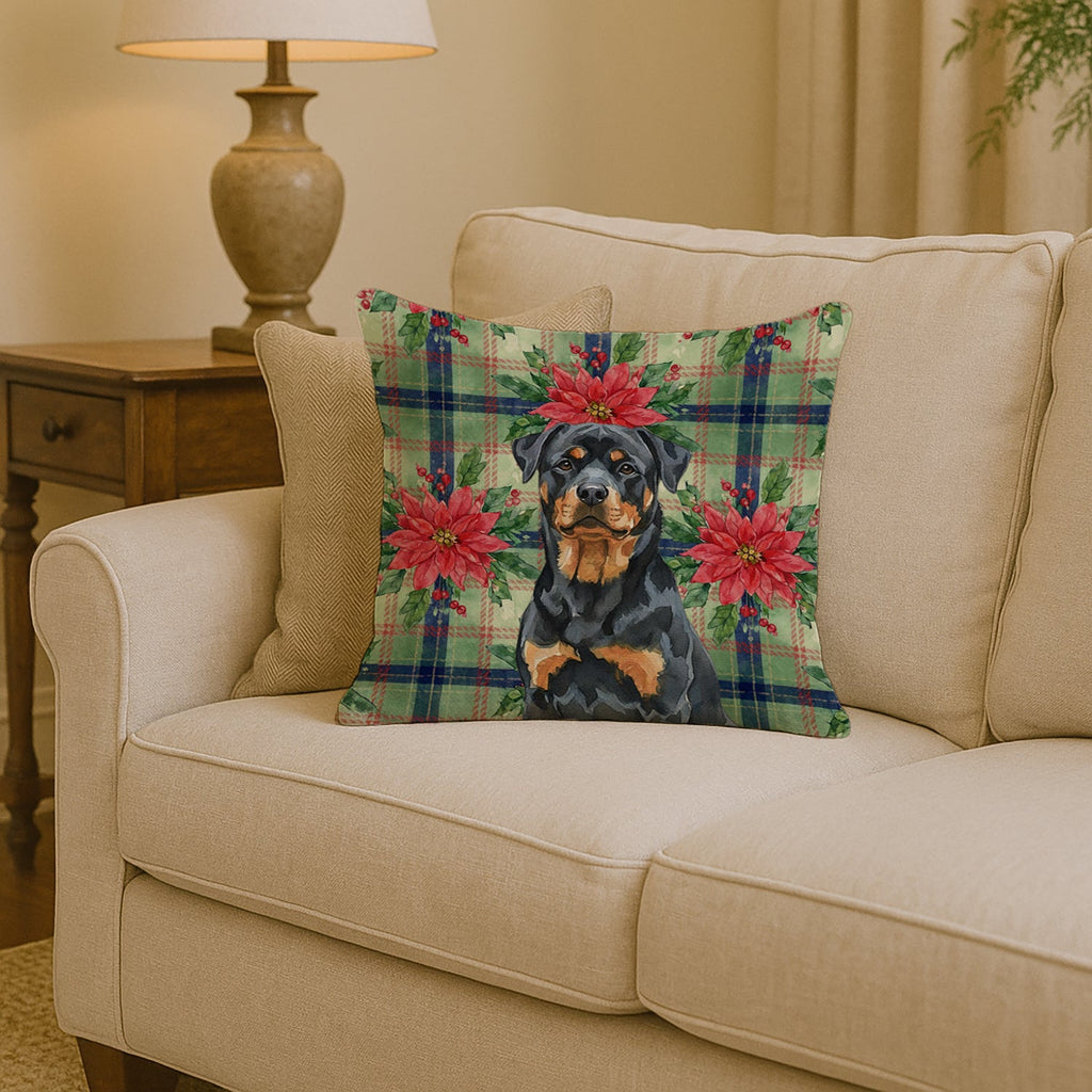 Rottweiler Christmas PoinsettIas Decorative Throw Pillow 14x14 Indoor Outdoor Accent Cushion, Fabric Cover with Insert for Sofa, Bed, Porch & Living Room