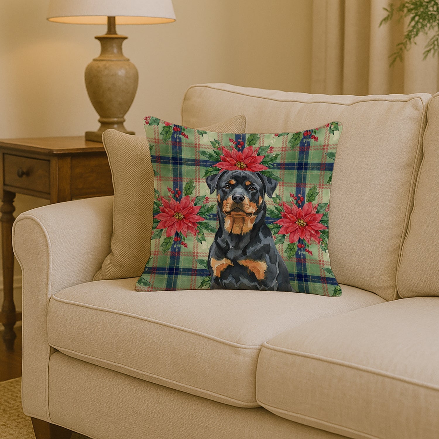 Rottweiler Christmas PoinsettIas Decorative Throw Pillow 14x14 Indoor Outdoor Accent Cushion, Fabric Cover with Insert for Sofa, Bed, Porch & Living Room