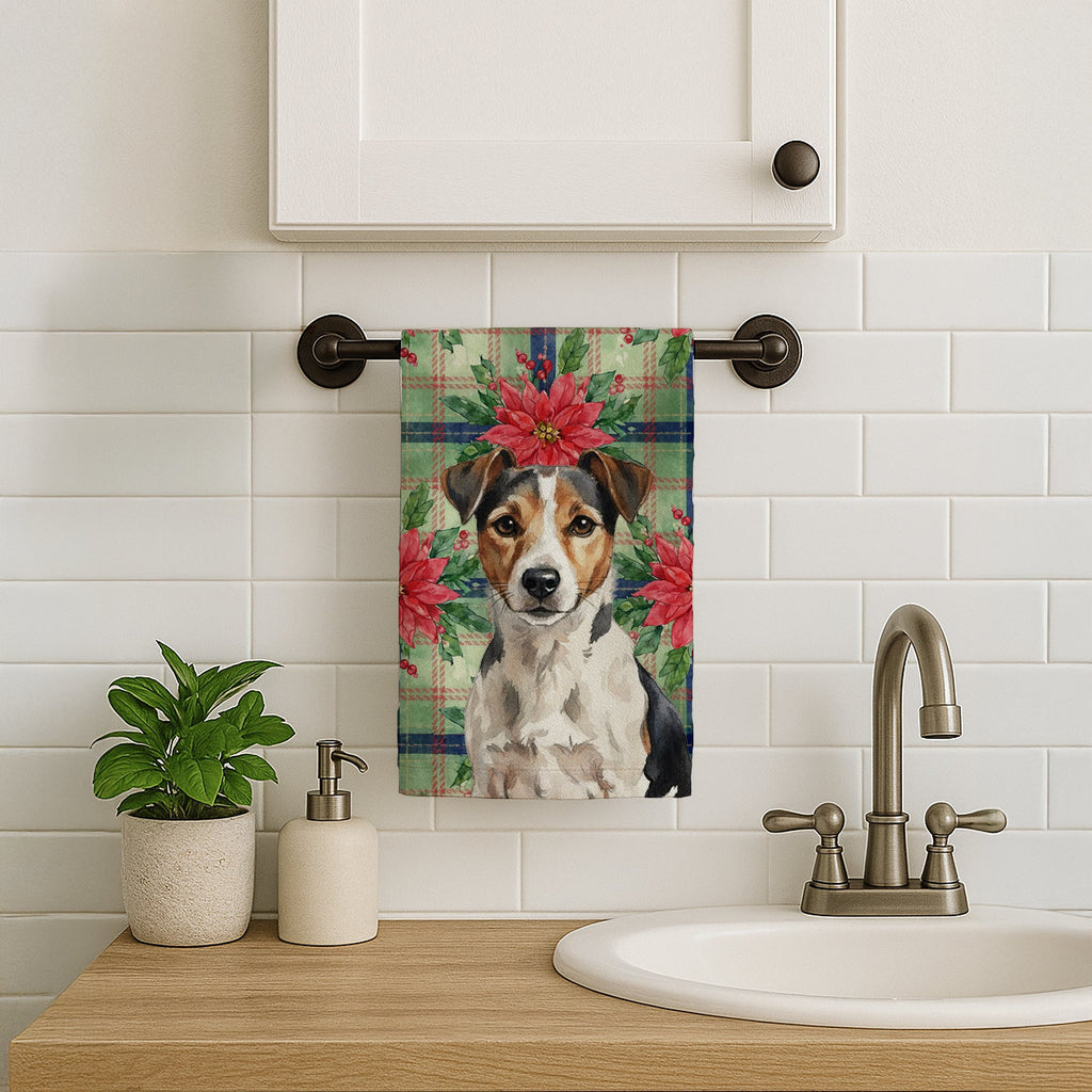 Tricolor Russell Terrier Christmas PoinsettIas Kitchen Towel Velour Plush Front and Cotton Loop Back Machine Washable