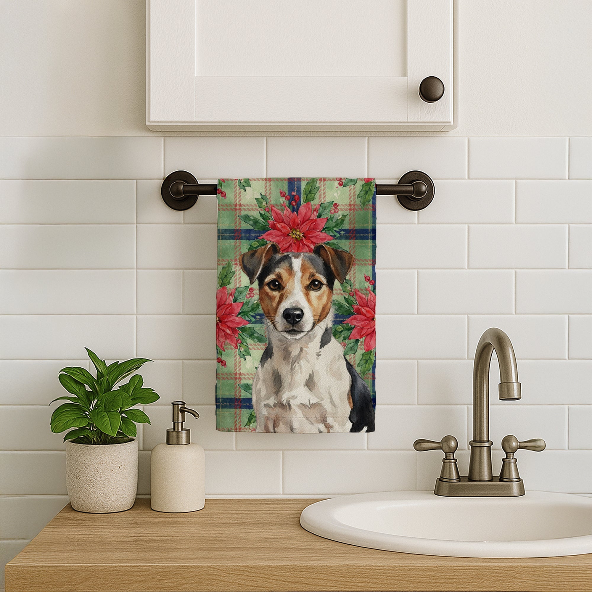 Tricolor Russell Terrier Christmas PoinsettIas Kitchen Towel Velour Plush Front and Cotton Loop Back Machine Washable