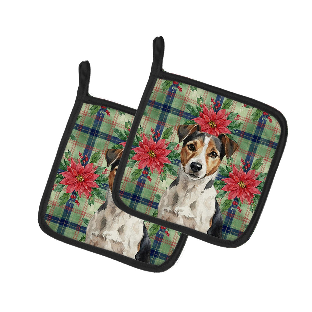 Tricolor Russell Terrier Christmas PoinsettIas Pot Holder Set of 2 Heat Resistant Quilted Hot Pads 7.5 x 7.5 Inch, Insulated Kitchen Trivets for Cooking & Baking