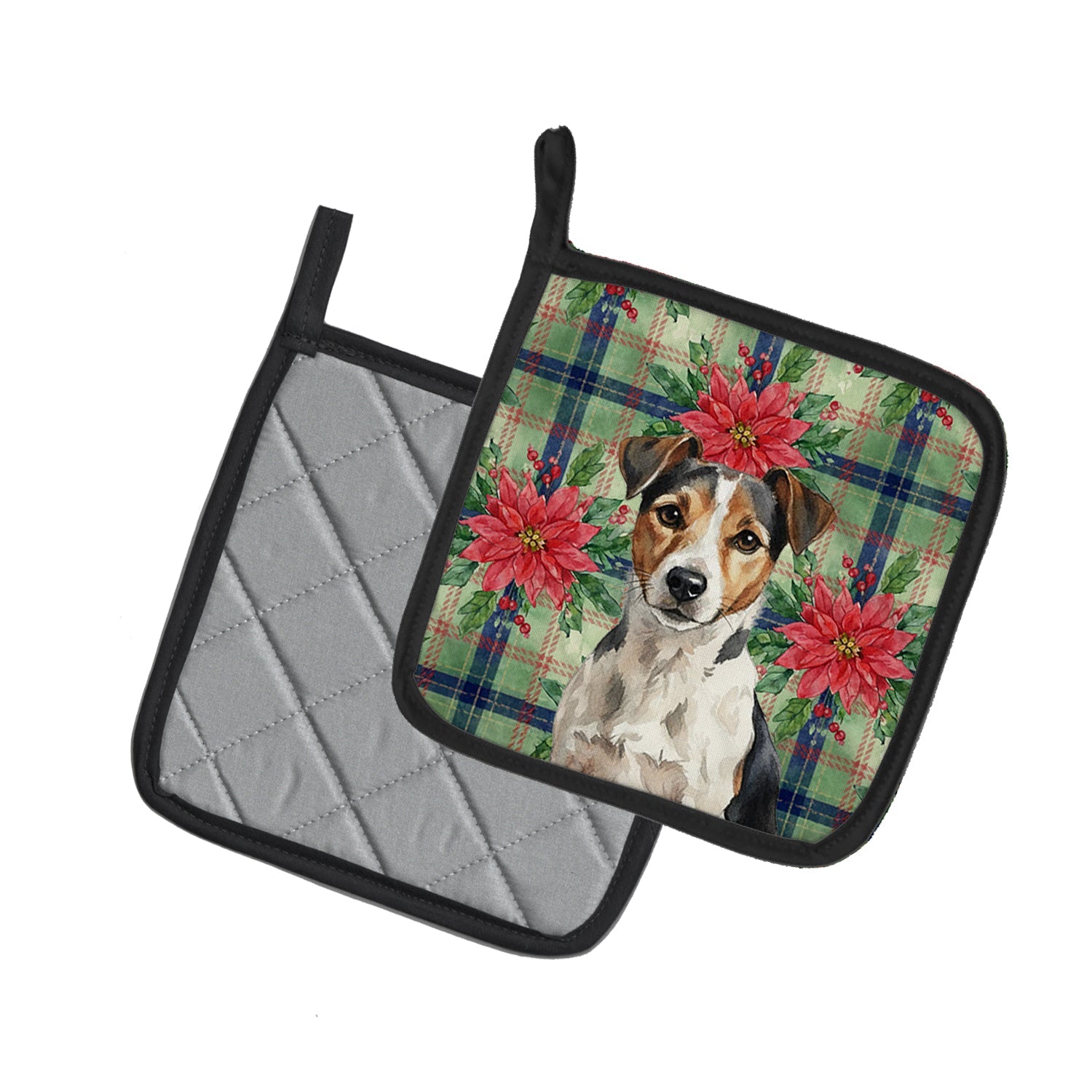 Tricolor Russell Terrier Christmas PoinsettIas Pot Holder Set of 2 Heat Resistant Quilted Hot Pads 7.5 x 7.5 Inch, Insulated Kitchen Trivets for Cooking & Baking