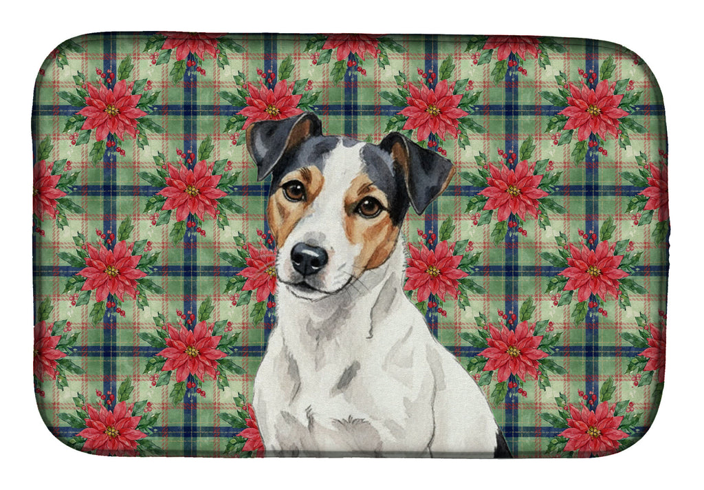 White with Black Markings Russell Terrier Christmas PoinsettIas Dish Drying Mat Absorbent Dish Drying Mat Pad for Kitchen Counter Dish Drainer Mat for Countertop, 14 x 21", Multicolor