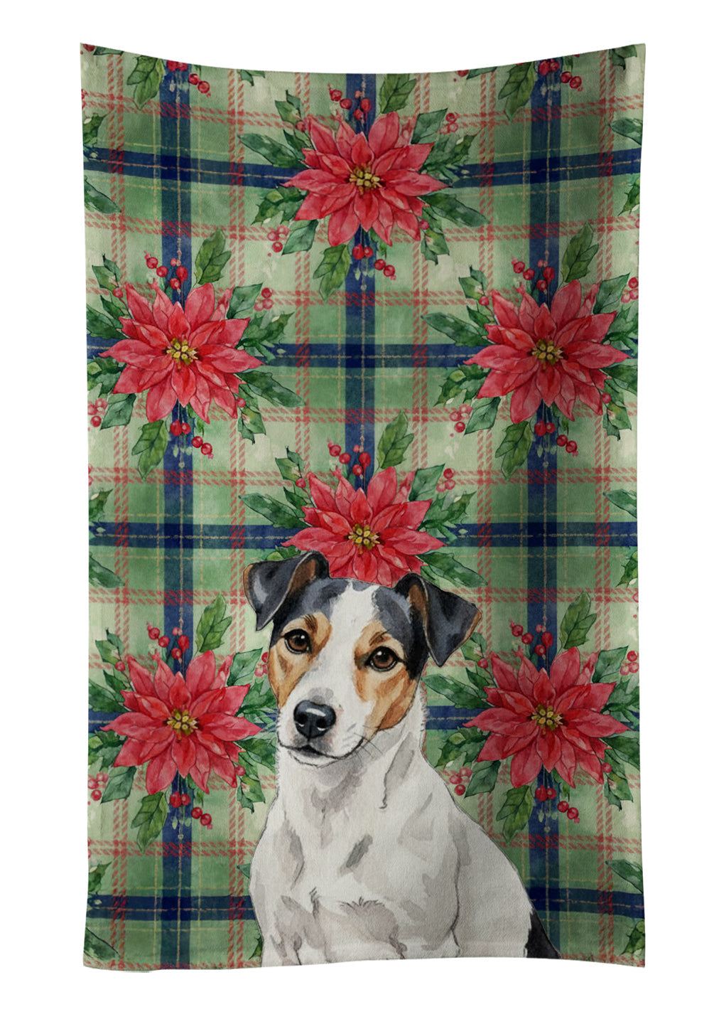 White with Black Markings Russell Terrier Christmas PoinsettIas Kitchen Towel Velour Plush Front and Cotton Loop Back Machine Washable