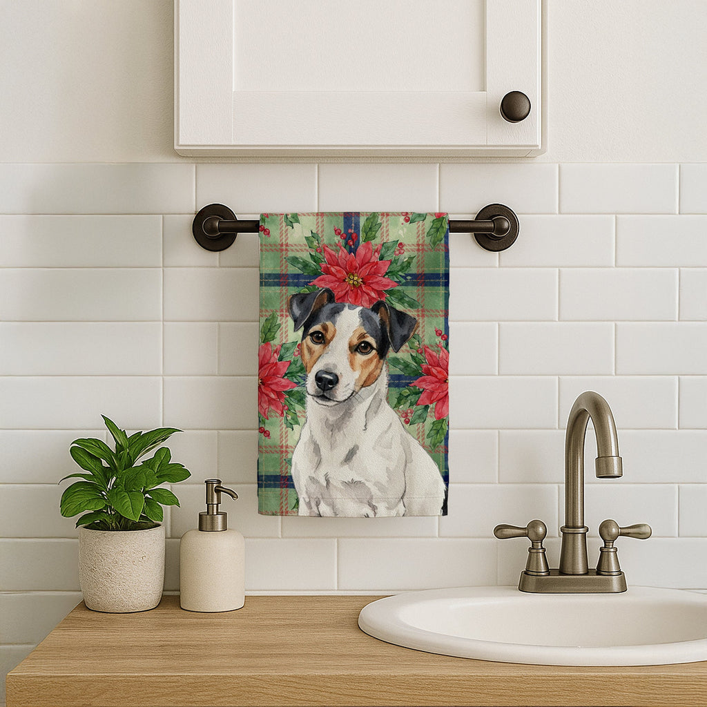 White with Black Markings Russell Terrier Christmas PoinsettIas Kitchen Towel Velour Plush Front and Cotton Loop Back Machine Washable