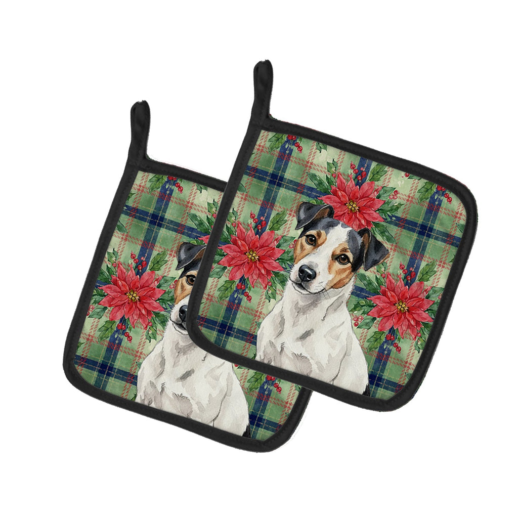 White with Black Markings Russell Terrier Christmas PoinsettIas Pot Holder Set of 2 Heat Resistant Quilted Hot Pads 7.5 x 7.5 Inch, Insulated Kitchen Trivets for Cooking & Baking