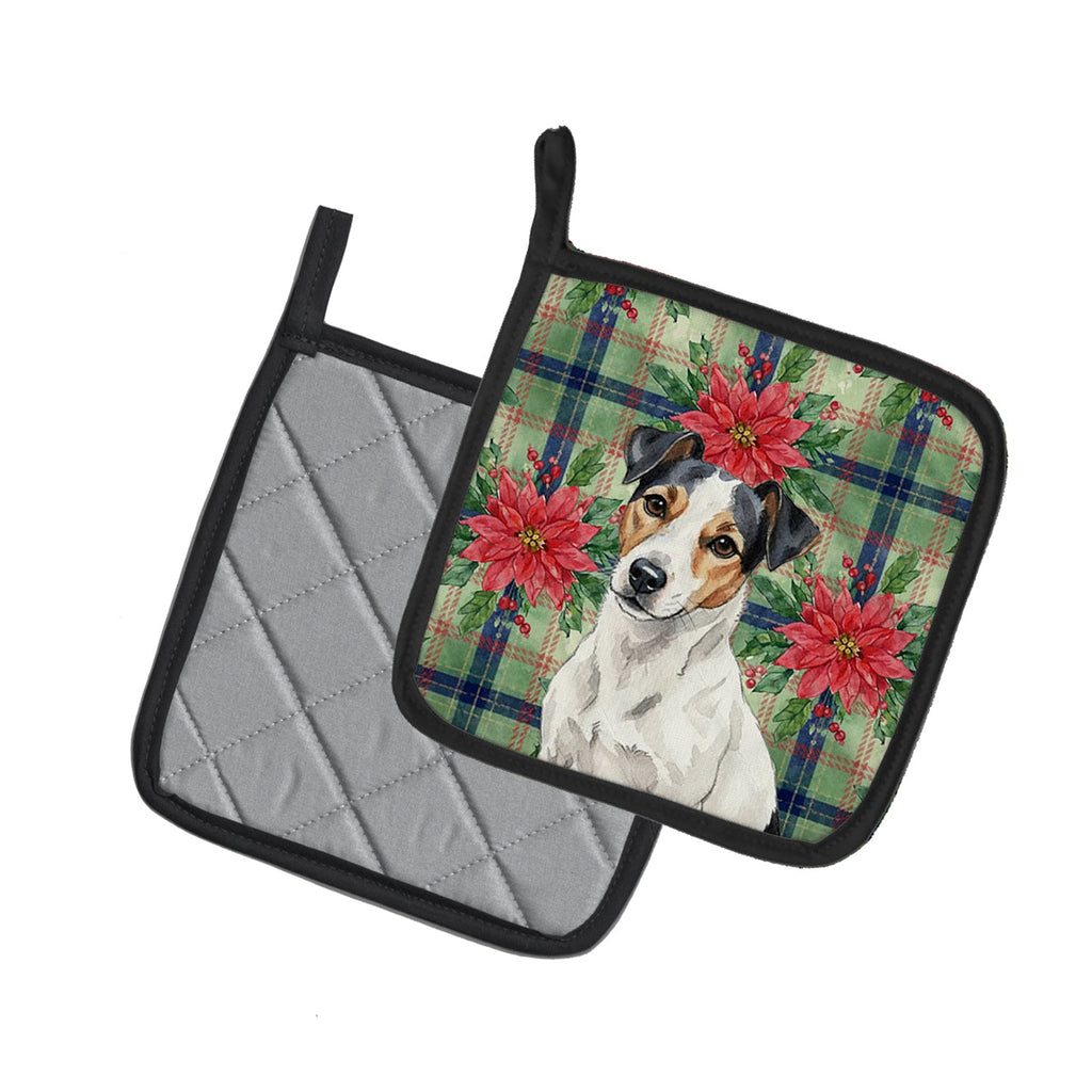 White with Black Markings Russell Terrier Christmas PoinsettIas Pot Holder Set of 2 Heat Resistant Quilted Hot Pads 7.5 x 7.5 Inch, Insulated Kitchen Trivets for Cooking & Baking