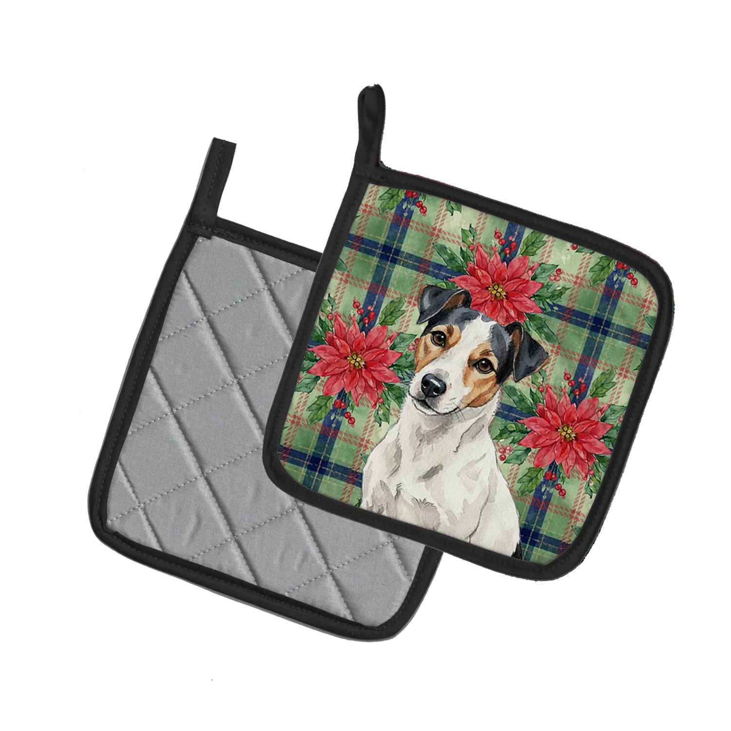 White with Black Markings Russell Terrier Christmas PoinsettIas Pot Holder Set of 2 Heat Resistant Quilted Hot Pads 7.5 x 7.5 Inch, Insulated Kitchen Trivets for Cooking & Baking