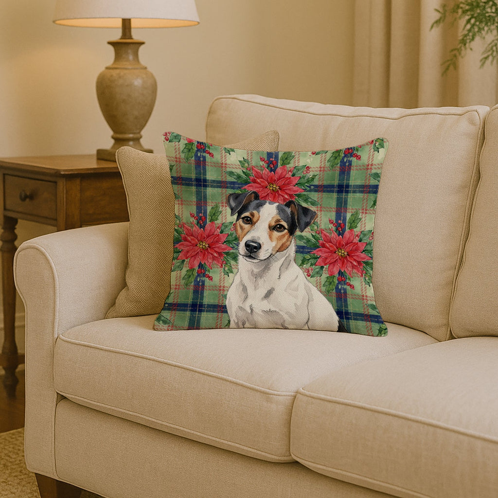 White with Black Markings Russell Terrier Christmas PoinsettIas Decorative Throw Pillow 14x14 Indoor Outdoor Accent Cushion, Fabric Cover with Insert for Sofa, Bed, Porch & Living Room