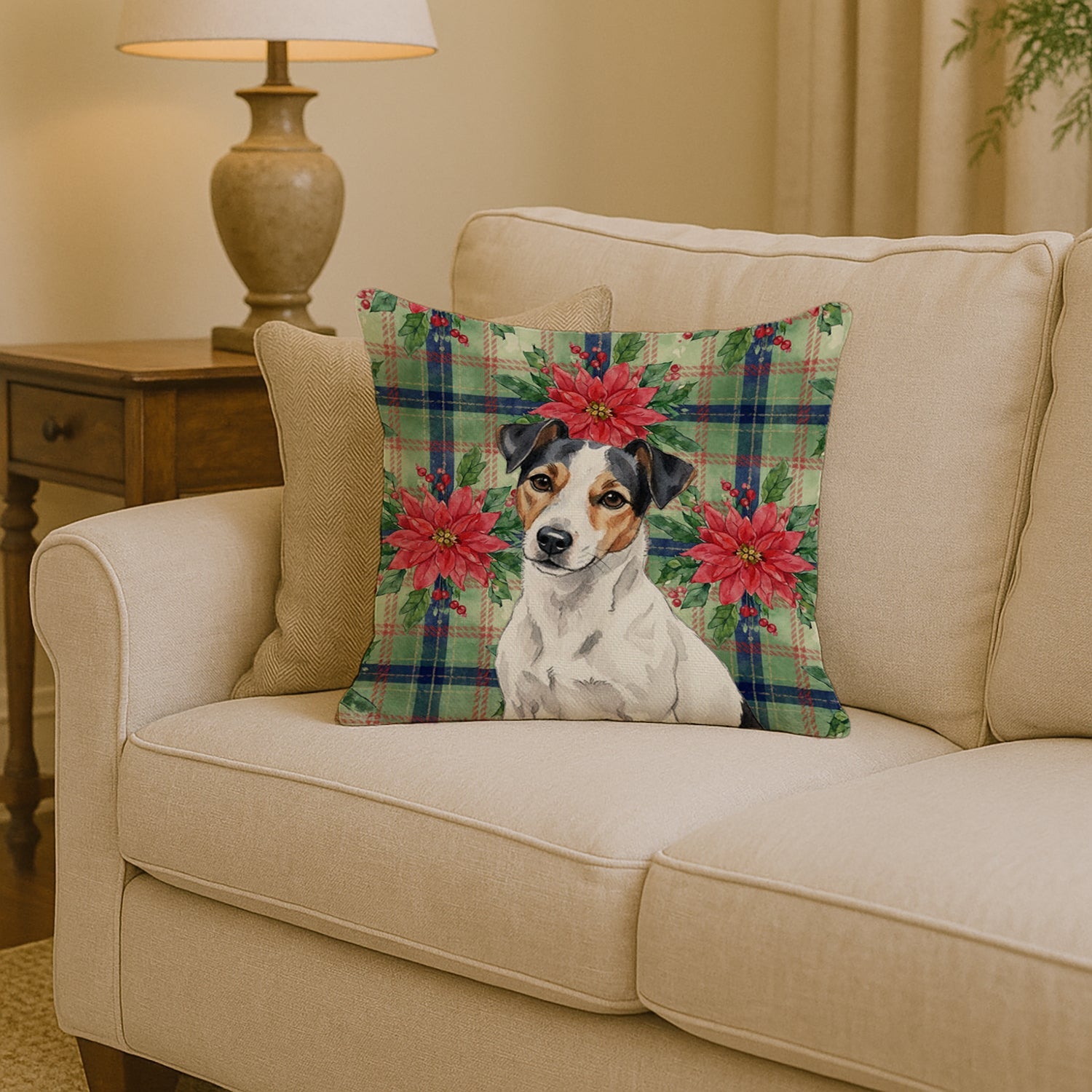 White with Black Markings Russell Terrier Christmas PoinsettIas Decorative Throw Pillow 14x14 Indoor Outdoor Accent Cushion, Fabric Cover with Insert for Sofa, Bed, Porch & Living Room