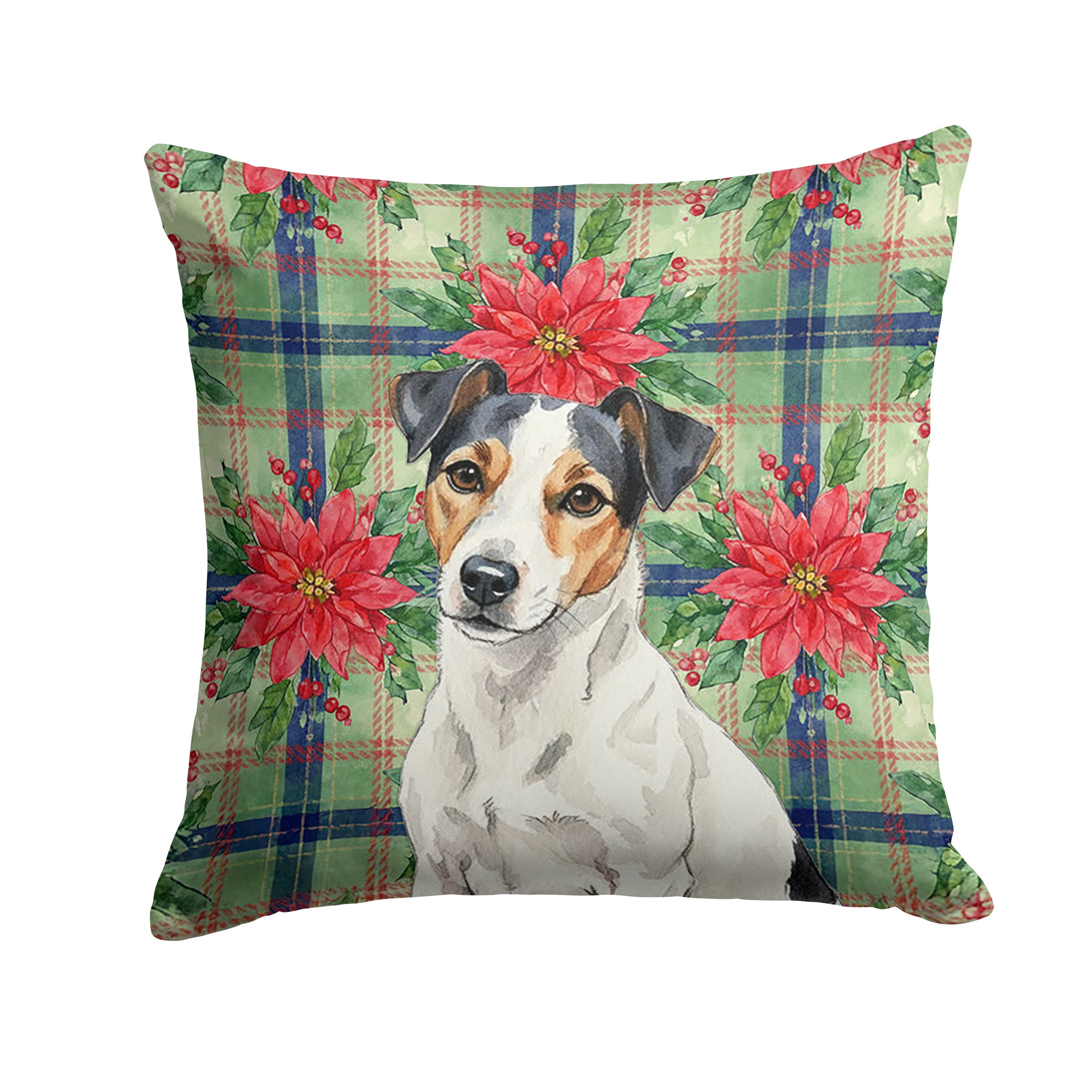 White with Black Markings Russell Terrier Christmas PoinsettIas Decorative Throw Pillow 18x18 Indoor Outdoor Accent Cushion, Fabric Cover with Insert for Sofa, Bed, Porch & Living Room