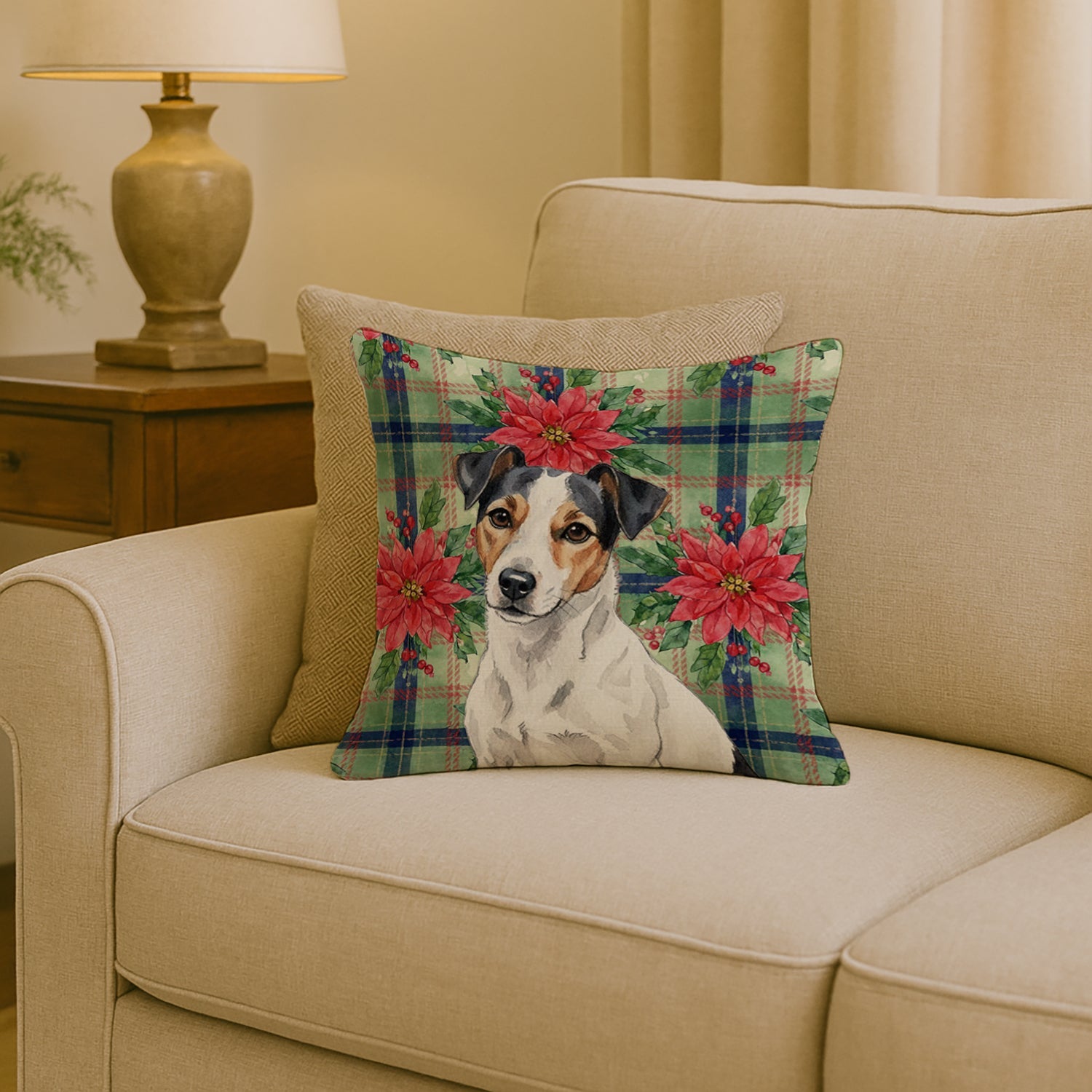 White with Black Markings Russell Terrier Christmas PoinsettIas Decorative Throw Pillow 18x18 Indoor Outdoor Accent Cushion, Fabric Cover with Insert for Sofa, Bed, Porch & Living Room