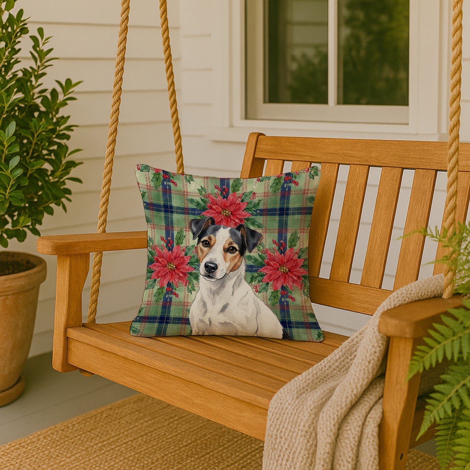 White with Black Markings Russell Terrier Christmas PoinsettIas Decorative Throw Pillow 18x18 Indoor Outdoor Accent Cushion, Fabric Cover with Insert for Sofa, Bed, Porch & Living Room