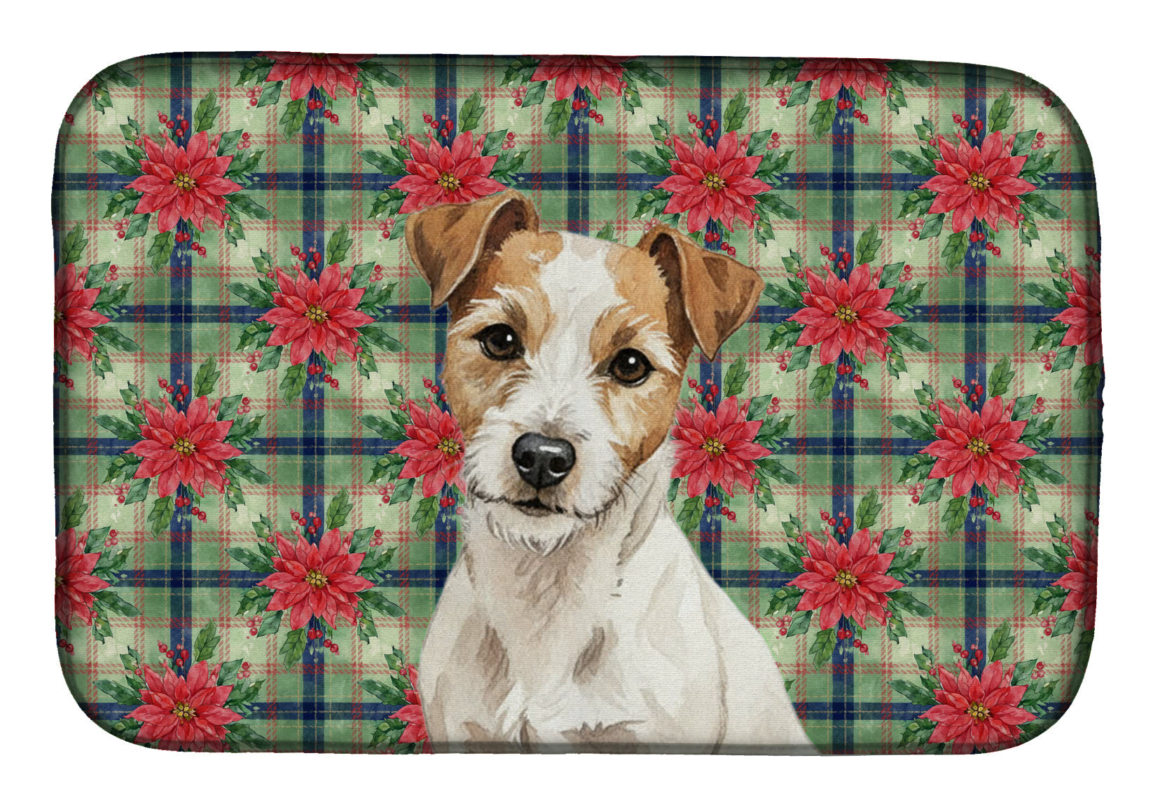 White with Tan Markings Russell Terrier Christmas PoinsettIas Dish Drying Mat Absorbent Dish Drying Mat Pad for Kitchen Counter Dish Drainer Mat for Countertop, 14 x 21", Multicolor