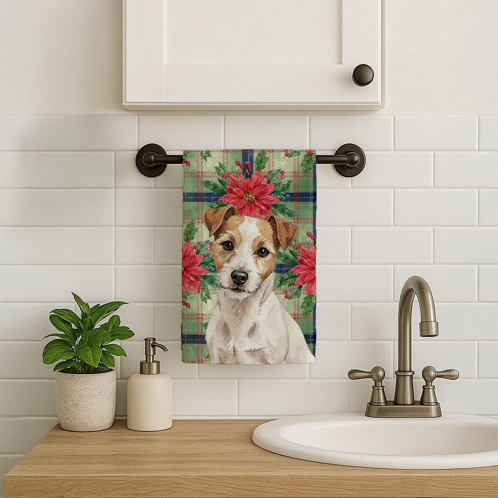 White with Tan Markings Russell Terrier Christmas PoinsettIas Kitchen Towel Velour Plush Front and Cotton Loop Back Machine Washable