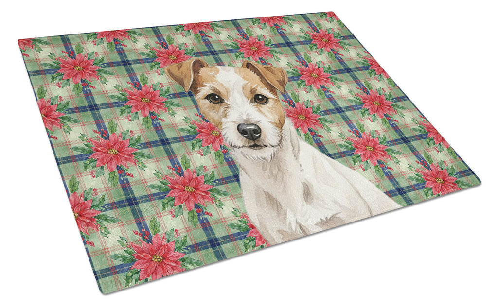 White with Tan Markings Russell Terrier Christmas PoinsettIas Cutting Board Tempered Glass Kitchen Cutting Surface, Heat Resistant Chopping, Non-Slip Feet, Food Prep & Serving