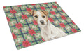 White with Tan Markings Russell Terrier Christmas PoinsettIas Cutting Board Tempered Glass Kitchen Cutting Surface, Heat Resistant Chopping, Non-Slip Feet, Food Prep & Serving