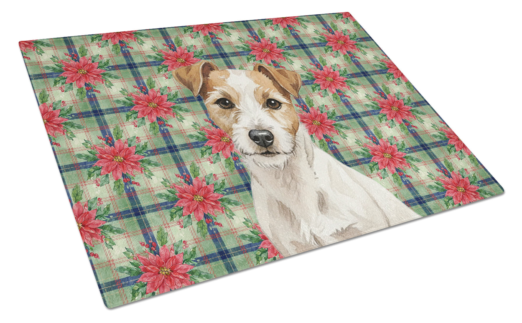 White with Tan Markings Russell Terrier Christmas PoinsettIas Cutting Board Tempered Glass Kitchen Cutting Surface, Heat Resistant Chopping, Non-Slip Feet, Food Prep & Serving