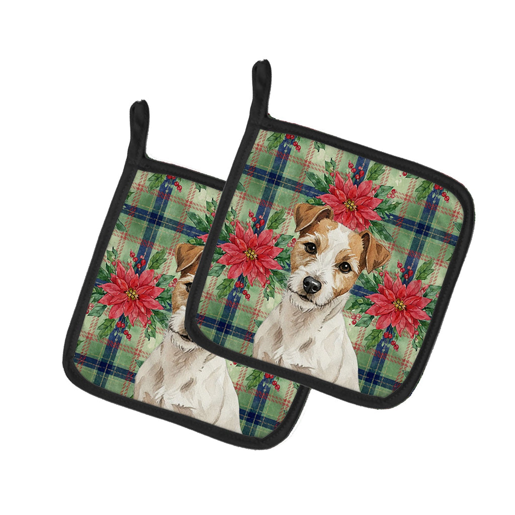 White with Tan Markings Russell Terrier Christmas PoinsettIas Pot Holder Set of 2 Heat Resistant Quilted Hot Pads 7.5 x 7.5 Inch, Insulated Kitchen Trivets for Cooking & Baking