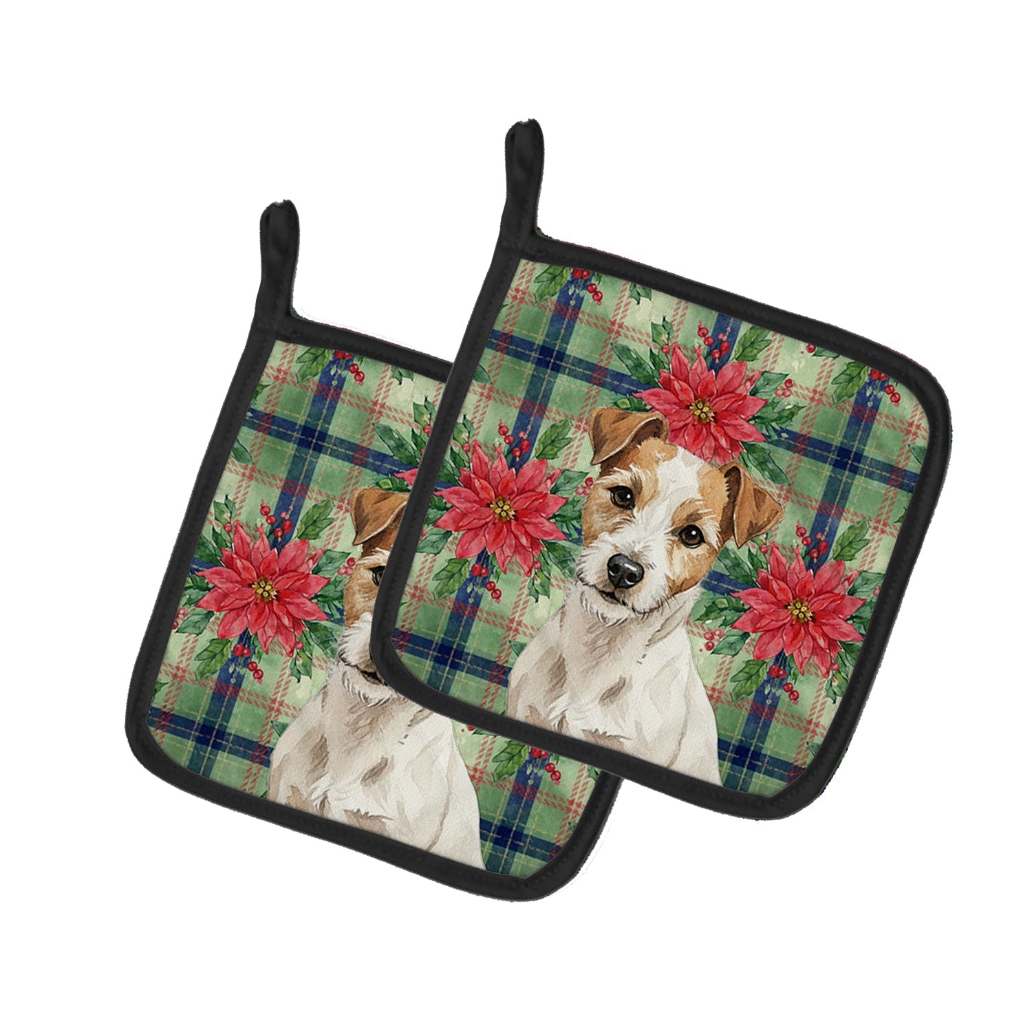 White with Tan Markings Russell Terrier Christmas PoinsettIas Pot Holder Set of 2 Heat Resistant Quilted Hot Pads 7.5 x 7.5 Inch, Insulated Kitchen Trivets for Cooking & Baking