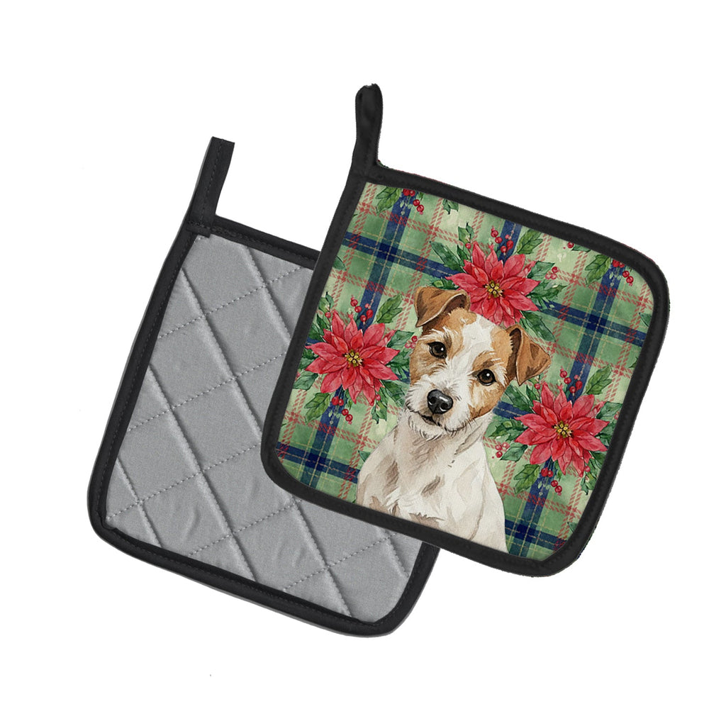 White with Tan Markings Russell Terrier Christmas PoinsettIas Pot Holder Set of 2 Heat Resistant Quilted Hot Pads 7.5 x 7.5 Inch, Insulated Kitchen Trivets for Cooking & Baking