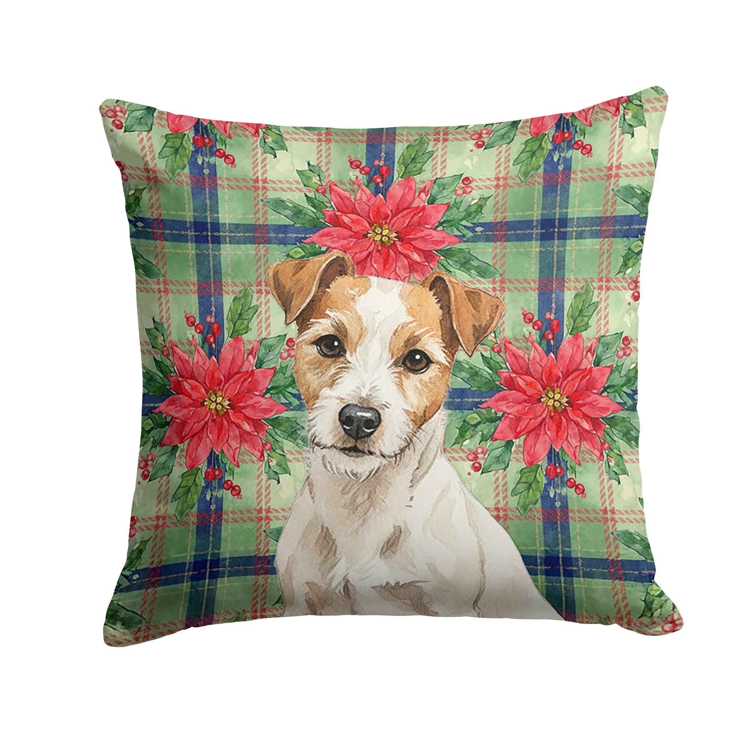White with Tan Markings Russell Terrier Christmas PoinsettIas Decorative Throw Pillow 14x14 Indoor Outdoor Accent Cushion, Fabric Cover with Insert for Sofa, Bed, Porch & Living Room