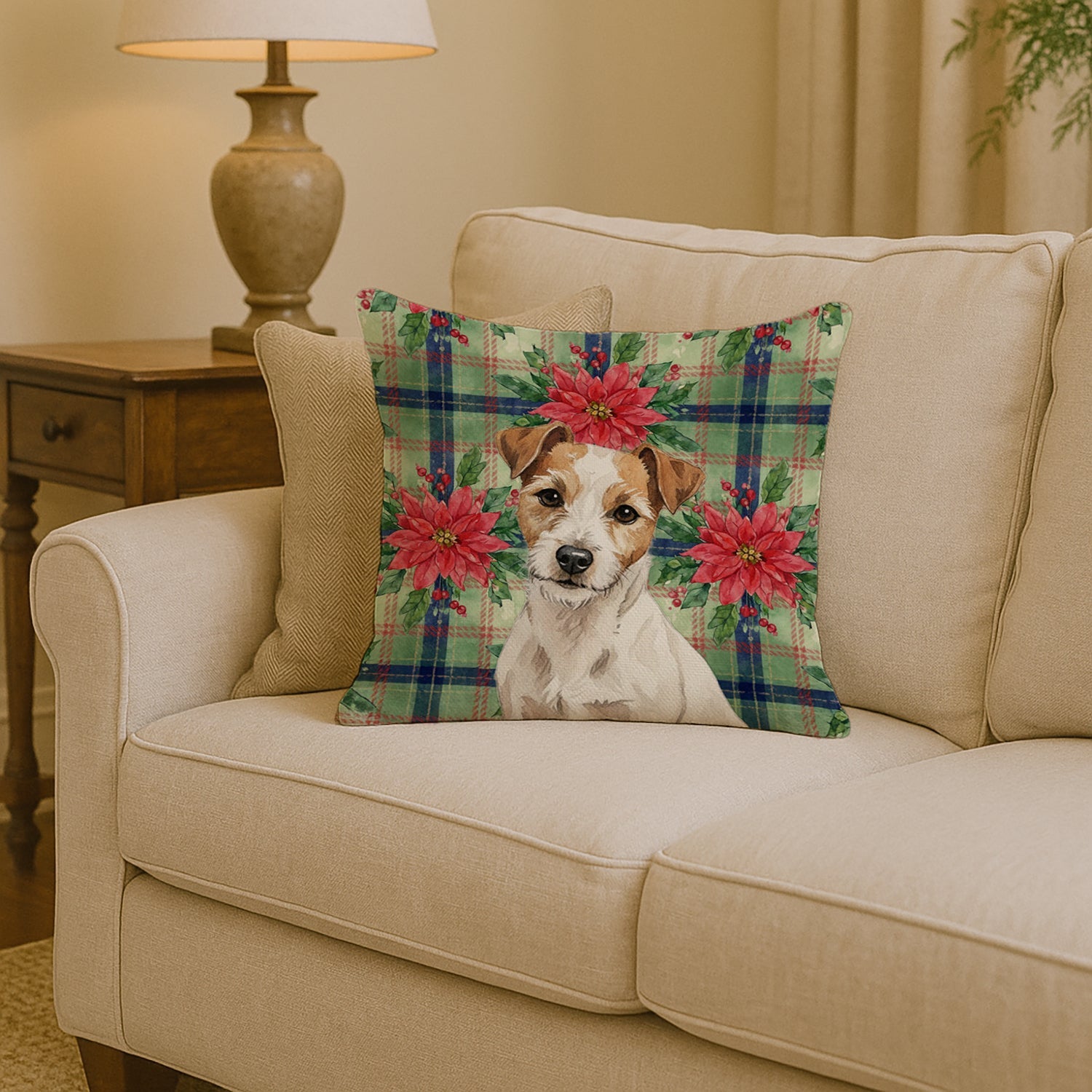 White with Tan Markings Russell Terrier Christmas PoinsettIas Decorative Throw Pillow 14x14 Indoor Outdoor Accent Cushion, Fabric Cover with Insert for Sofa, Bed, Porch & Living Room