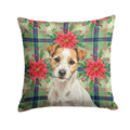 White with Tan Markings Russell Terrier Christmas PoinsettIas Decorative Throw Pillow 18x18 Indoor Outdoor Accent Cushion, Fabric Cover with Insert for Sofa, Bed, Porch & Living Room