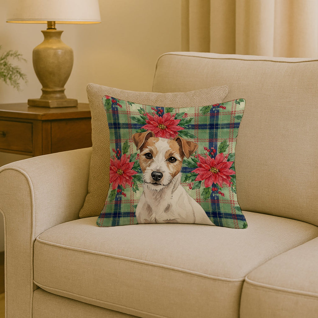White with Tan Markings Russell Terrier Christmas PoinsettIas Decorative Throw Pillow 18x18 Indoor Outdoor Accent Cushion, Fabric Cover with Insert for Sofa, Bed, Porch & Living Room