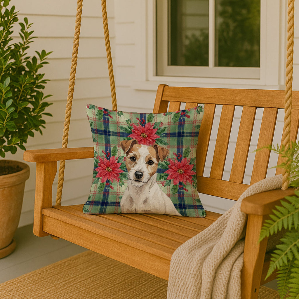White with Tan Markings Russell Terrier Christmas PoinsettIas Decorative Throw Pillow 18x18 Indoor Outdoor Accent Cushion, Fabric Cover with Insert for Sofa, Bed, Porch & Living Room