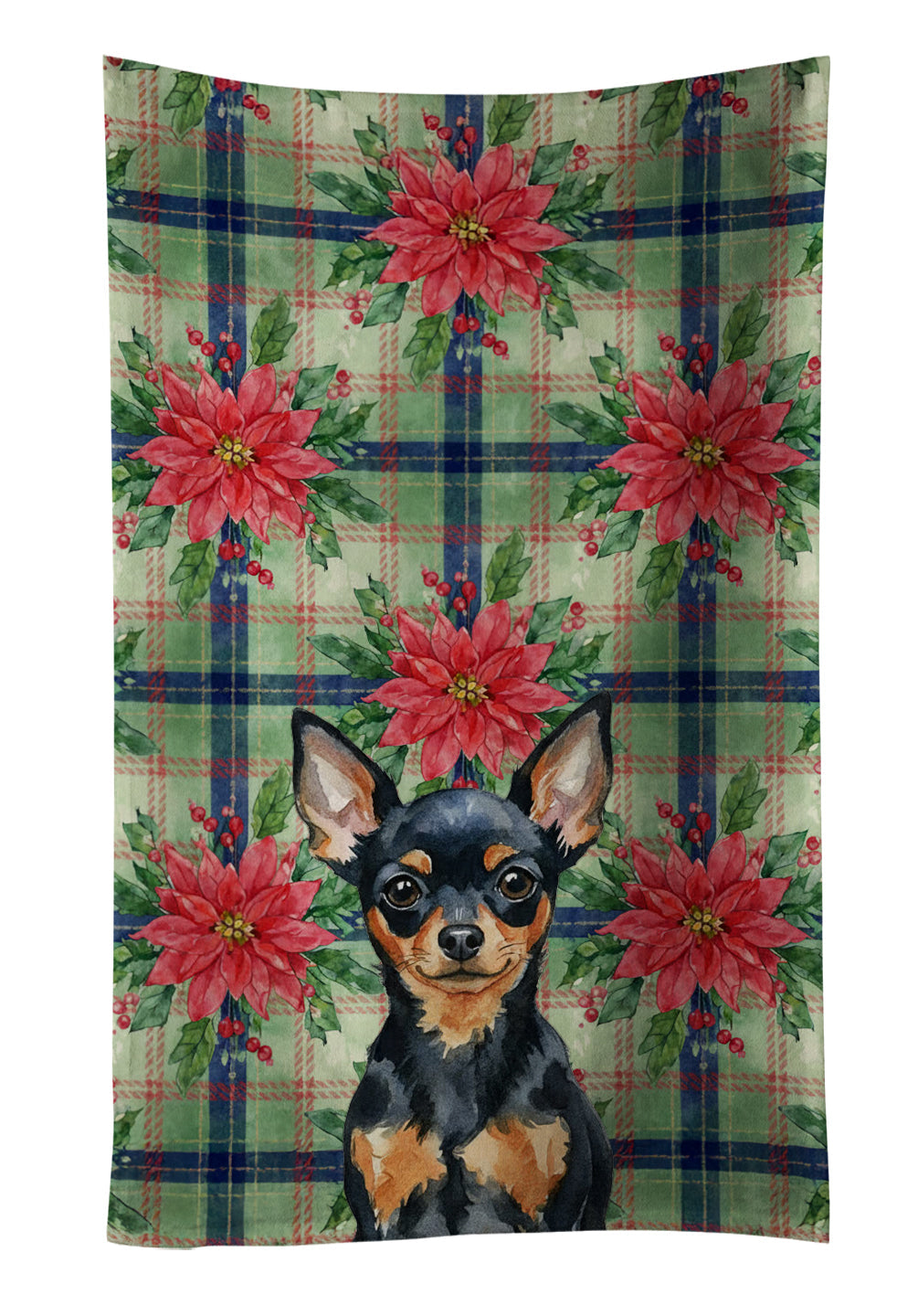 Black and Tan Russian Toy Christmas PoinsettIas Kitchen Towel Velour Plush Front and Cotton Loop Back Machine Washable