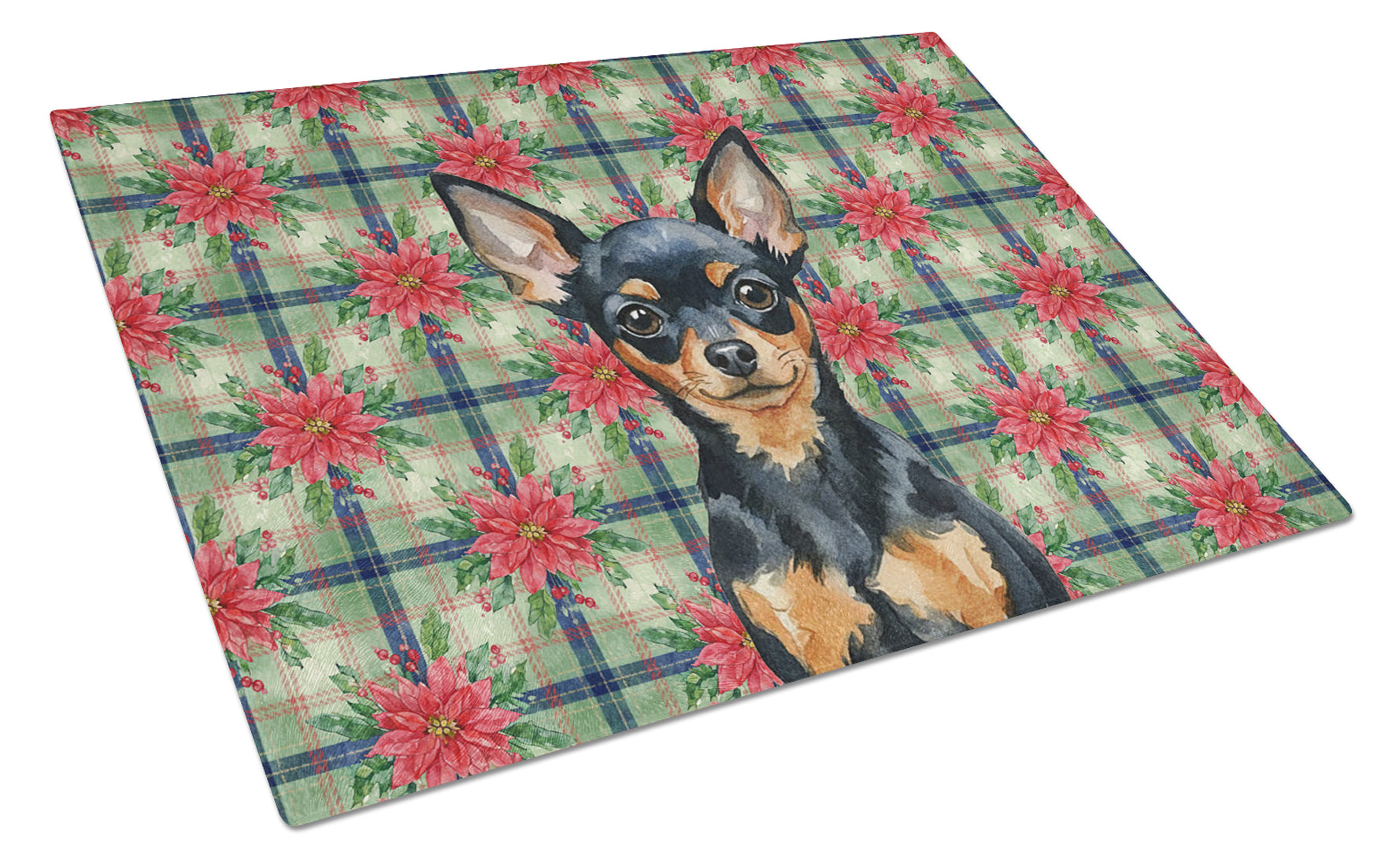 Black and Tan Russian Toy Christmas PoinsettIas Cutting Board Tempered Glass Kitchen Cutting Surface, Heat Resistant Chopping, Non-Slip Feet, Food Prep & Serving