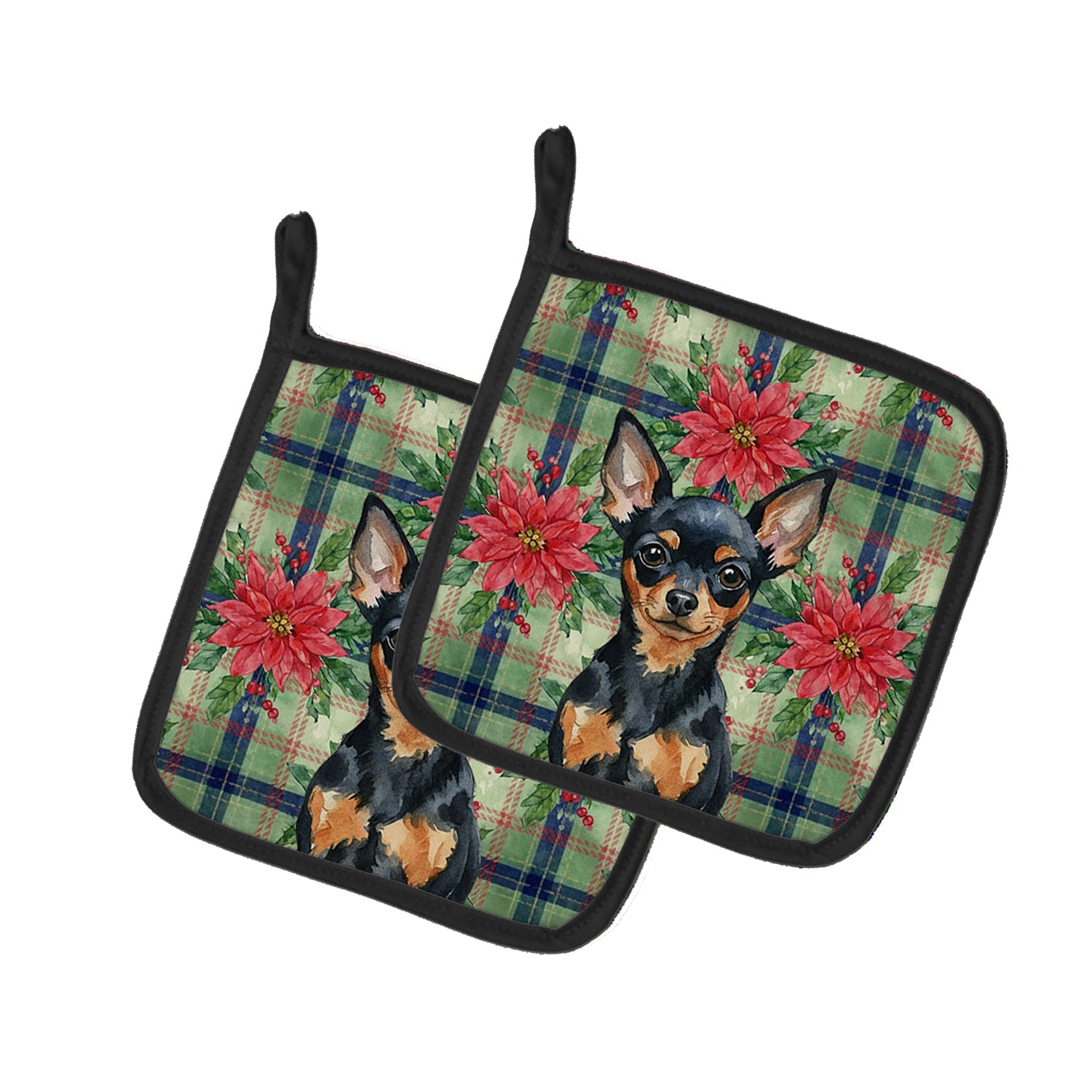 Black and Tan Russian Toy Christmas PoinsettIas Pot Holder Set of 2 Heat Resistant Quilted Hot Pads 7.5 x 7.5 Inch, Insulated Kitchen Trivets for Cooking & Baking