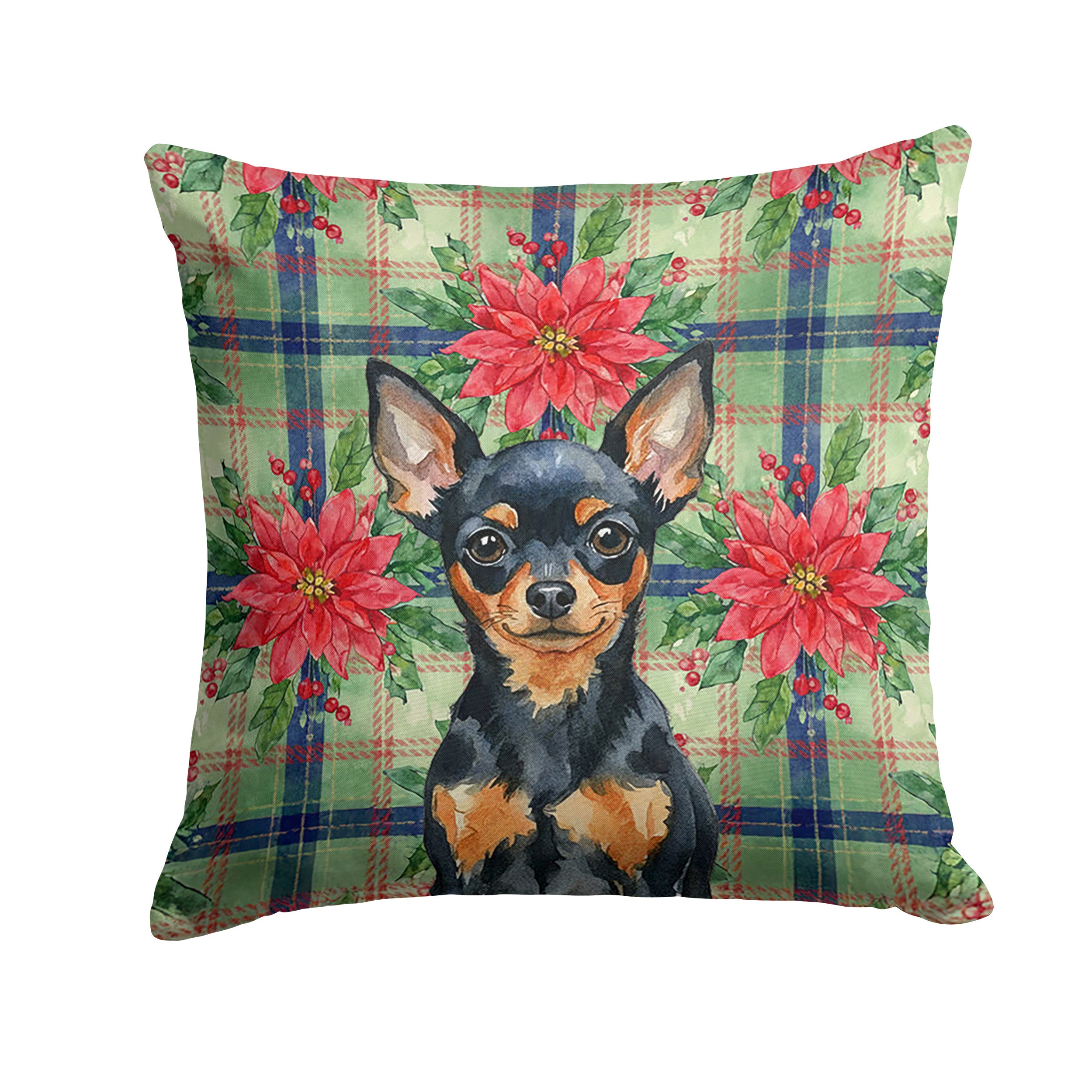 Black and Tan Russian Toy Christmas PoinsettIas Decorative Throw Pillow 18x18 Indoor Outdoor Accent Cushion, Fabric Cover with Insert for Sofa, Bed, Porch & Living Room