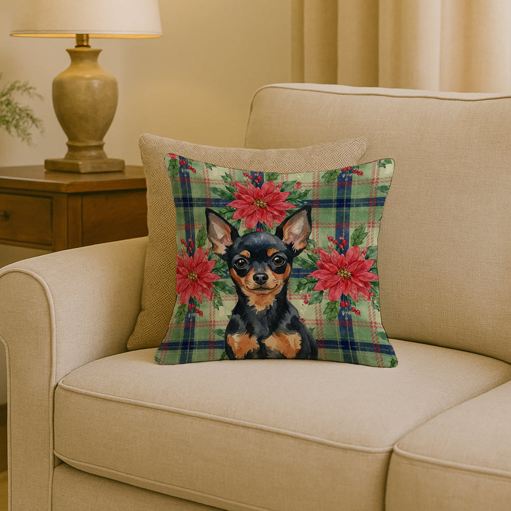 Black and Tan Russian Toy Christmas PoinsettIas Decorative Throw Pillow 18x18 Indoor Outdoor Accent Cushion, Fabric Cover with Insert for Sofa, Bed, Porch & Living Room