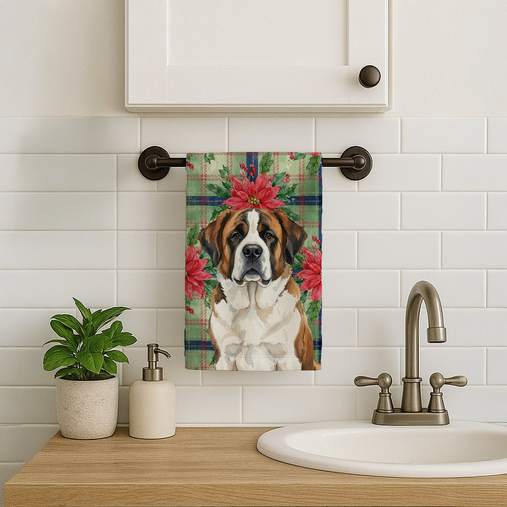 Brindle and White Saint Bernard Christmas PoinsettIas Kitchen Towel Velour Plush Front and Cotton Loop Back Machine Washable