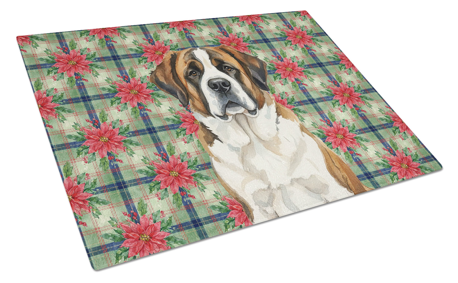 Brindle and White Saint Bernard Christmas PoinsettIas Cutting Board Tempered Glass Kitchen Cutting Surface, Heat Resistant Chopping, Non-Slip Feet, Food Prep & Serving