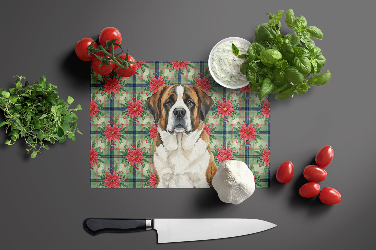 Brindle and White Saint Bernard Christmas PoinsettIas Cutting Board Tempered Glass Kitchen Cutting Surface, Heat Resistant Chopping, Non-Slip Feet, Food Prep & Serving