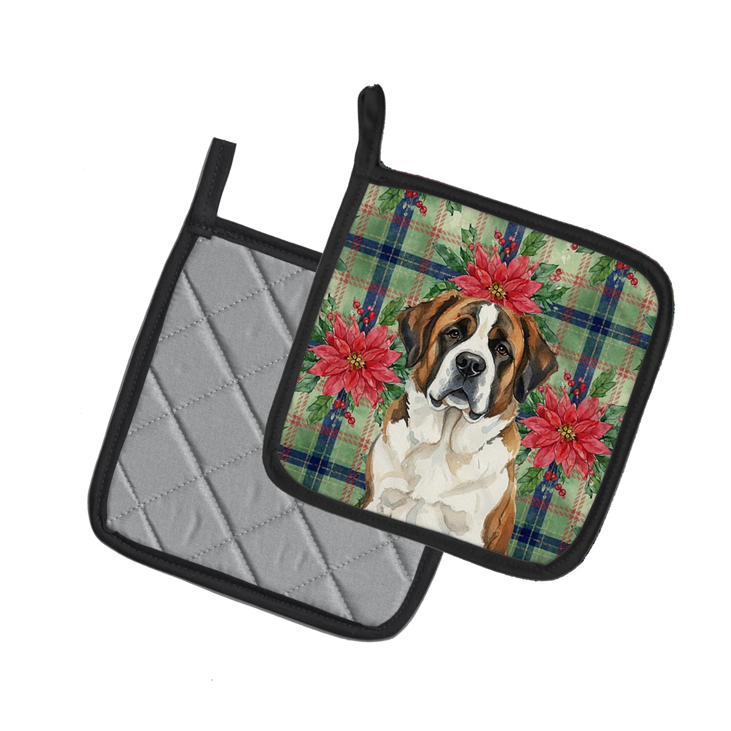 Brindle and White Saint Bernard Christmas PoinsettIas Pot Holder Set of 2 Heat Resistant Quilted Hot Pads 7.5 x 7.5 Inch, Insulated Kitchen Trivets for Cooking & Baking