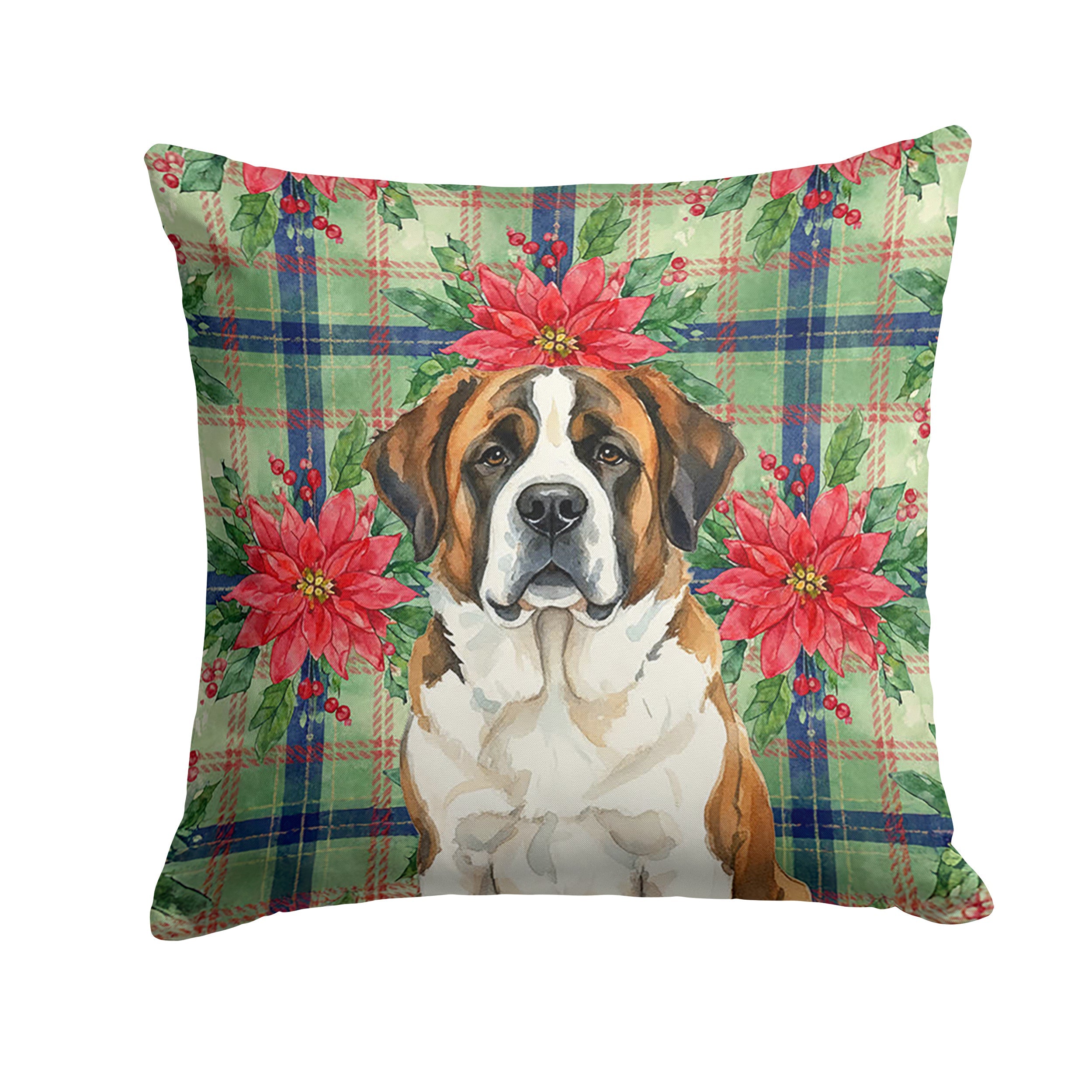 Brindle and White Saint Bernard Christmas PoinsettIas Decorative Throw Pillow 18x18 Indoor Outdoor Accent Cushion, Fabric Cover with Insert for Sofa, Bed, Porch & Living Room