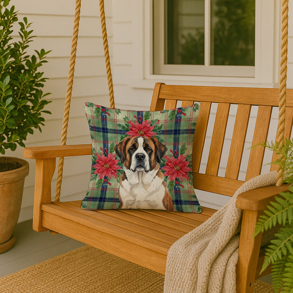 Brindle and White Saint Bernard Christmas PoinsettIas Decorative Throw Pillow 18x18 Indoor Outdoor Accent Cushion, Fabric Cover with Insert for Sofa, Bed, Porch & Living Room