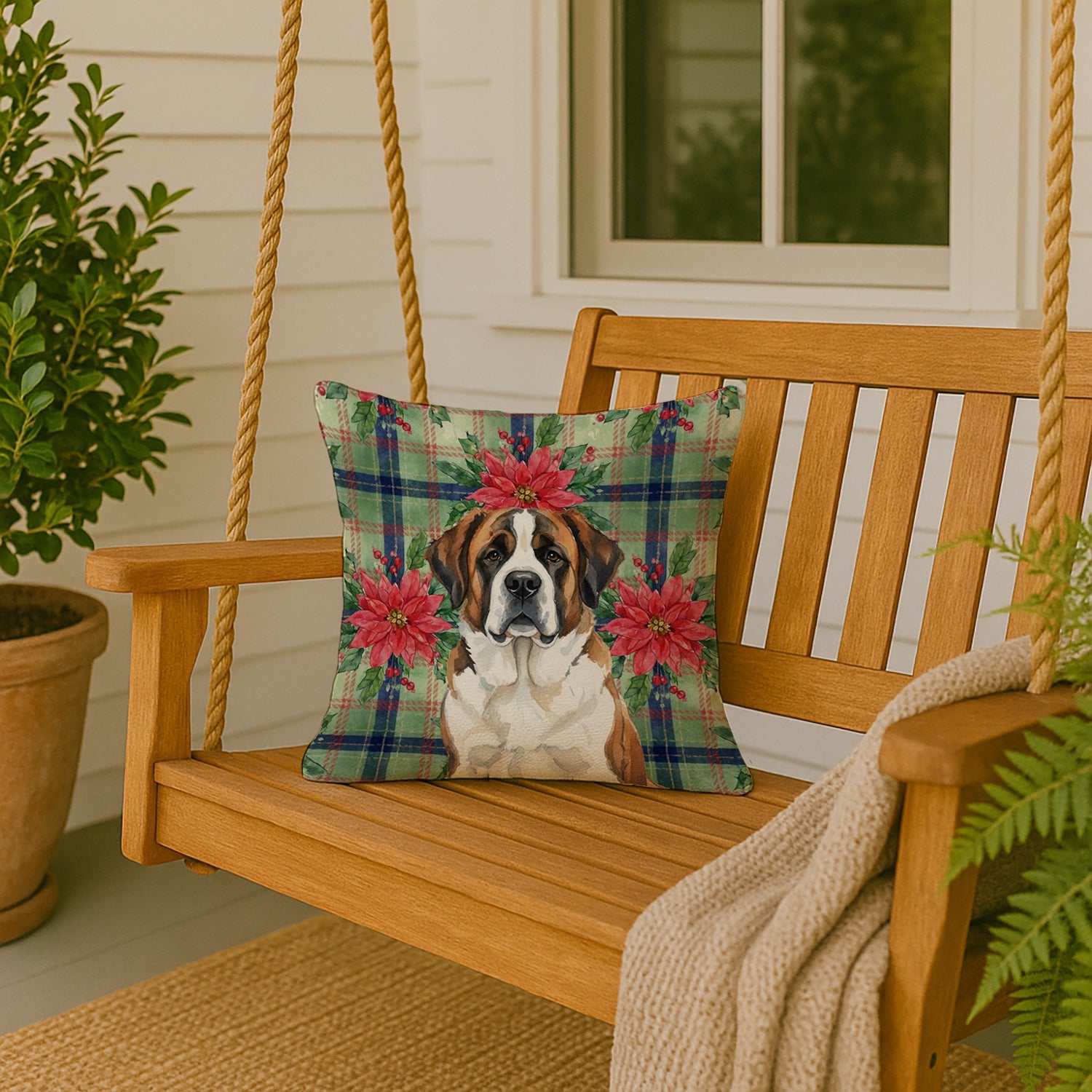 Brindle and White Saint Bernard Christmas PoinsettIas Decorative Throw Pillow 18x18 Indoor Outdoor Accent Cushion, Fabric Cover with Insert for Sofa, Bed, Porch & Living Room