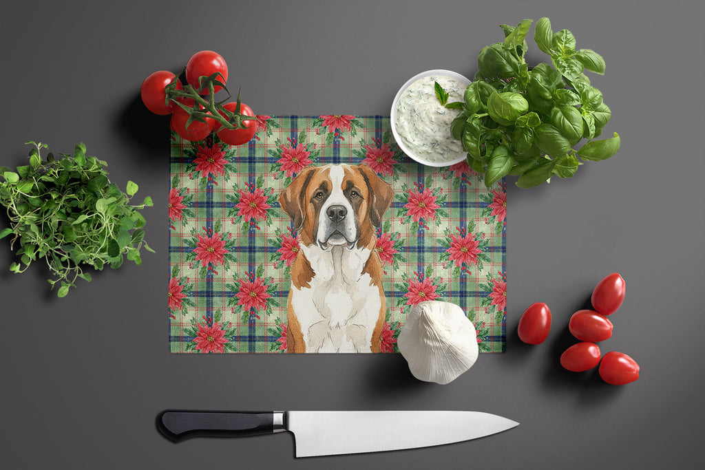 Brown and White Saint Bernard Christmas PoinsettIas Cutting Board Tempered Glass Kitchen Cutting Surface, Heat Resistant Chopping, Non-Slip Feet, Food Prep & Serving