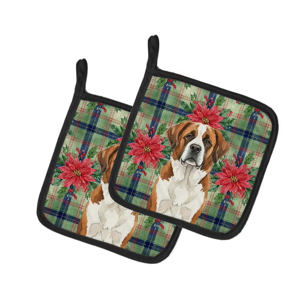 Brown and White Saint Bernard Christmas PoinsettIas Pot Holder Set of 2 Heat Resistant Quilted Hot Pads 7.5 x 7.5 Inch, Insulated Kitchen Trivets for Cooking & Baking