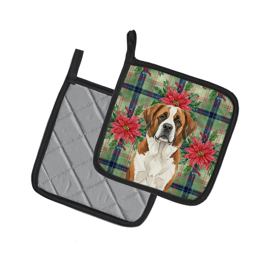Brown and White Saint Bernard Christmas PoinsettIas Pot Holder Set of 2 Heat Resistant Quilted Hot Pads 7.5 x 7.5 Inch, Insulated Kitchen Trivets for Cooking & Baking